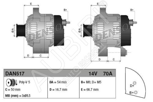 Alternátor Fiat Fiorino 2007-2016, Doblo 2005-2010 1,4i - 70A